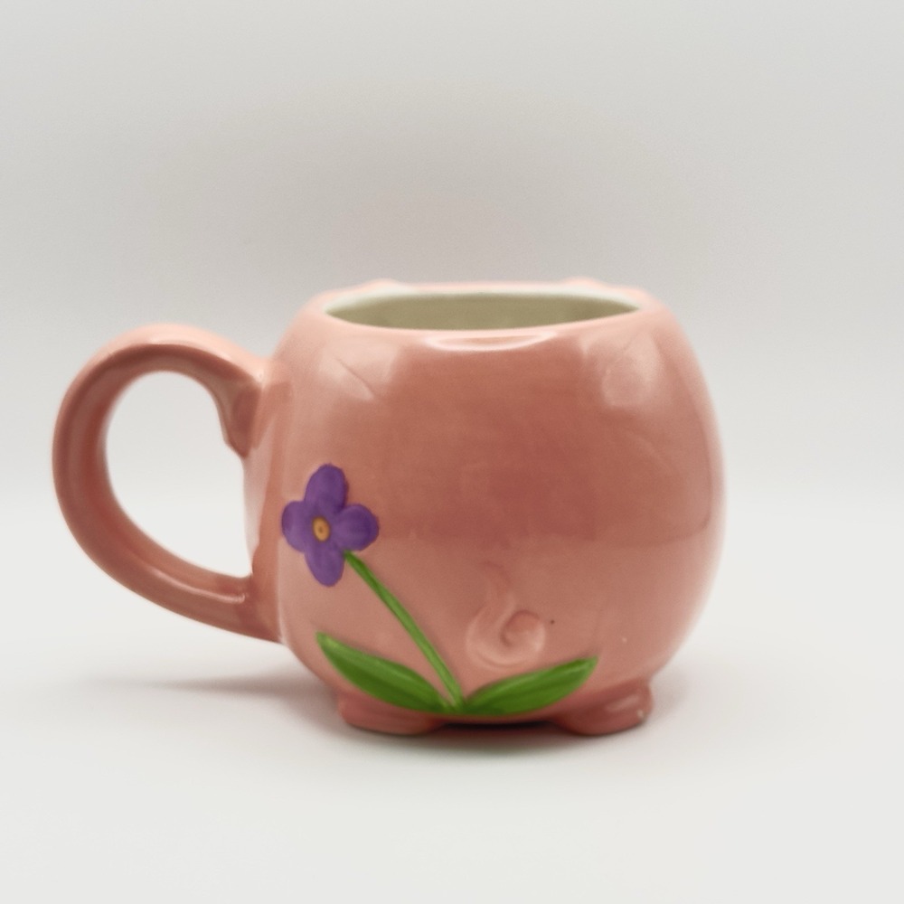 Pier 1 Pink Pig Mug Embossed Floral 3D Dolomite Coffee Cup 3.5" Hand Painted - Picture 2 of 6